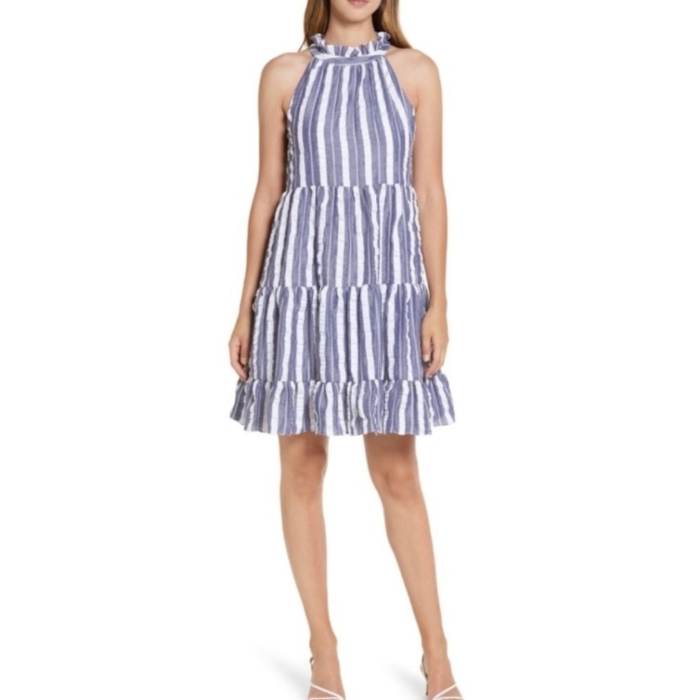 Eliza J Ruffle Tiered Seersucker Sundress in Blue Size 2